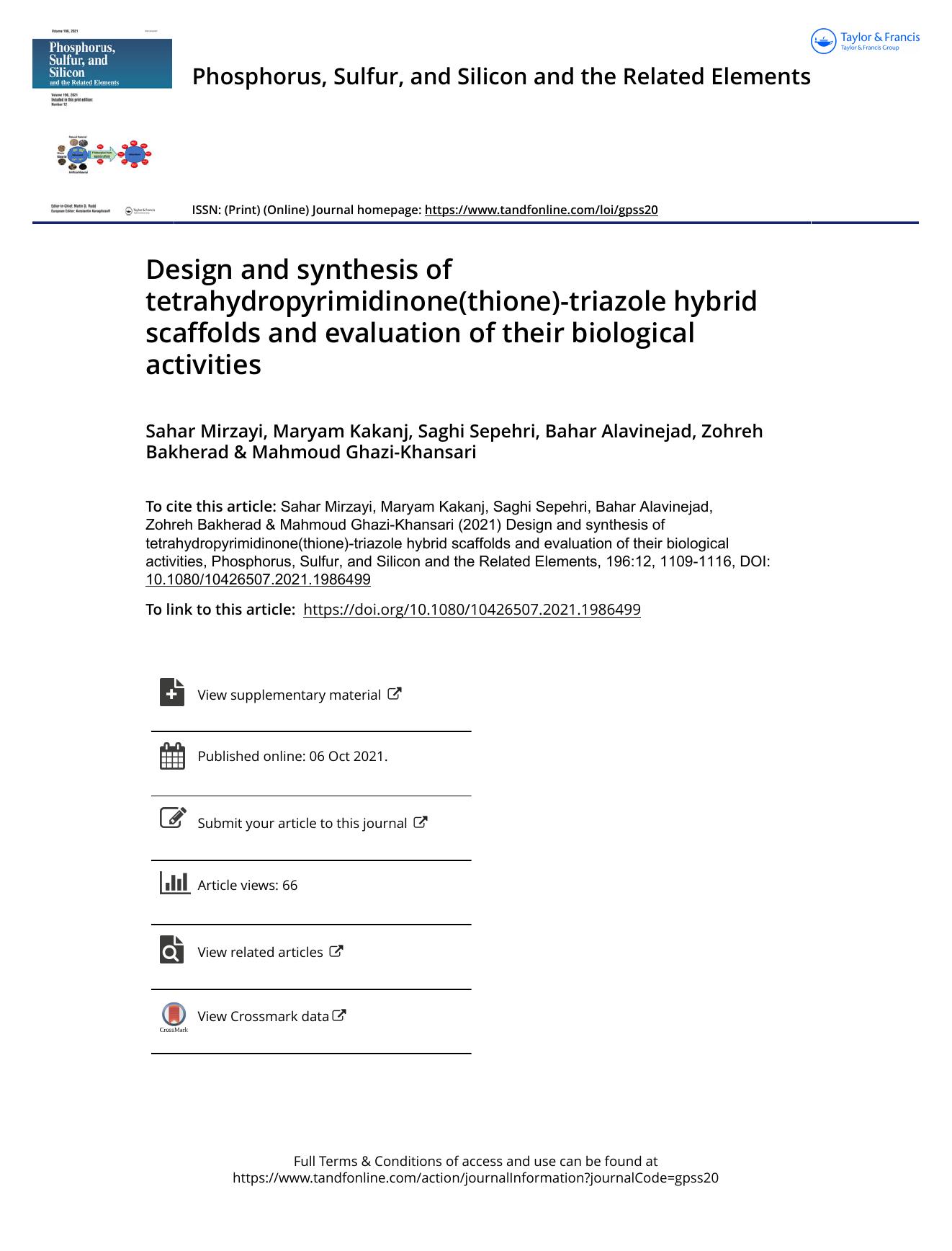 Design and synthesis of tetrahydropyrimidinone(thione)-triazole hybrid scaffolds and evaluation of their biological activities by unknow