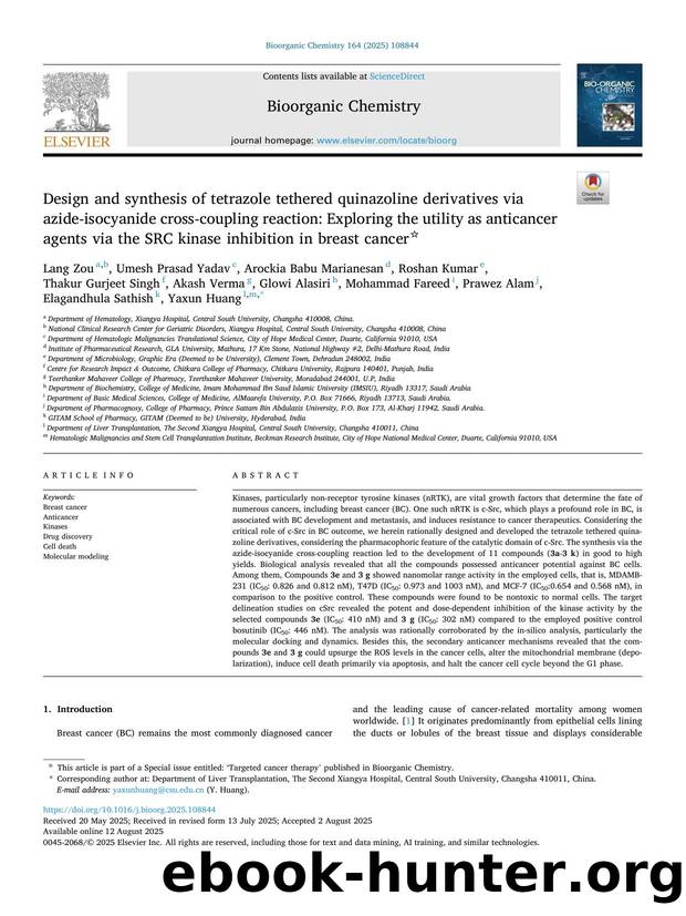 Design and synthesis of tetrazole tethered quinazoline derivatives via azide-isocyanide cross-coupling reaction: Exploring the utility as anticancer agents via the SRC kinase inhib by unknow