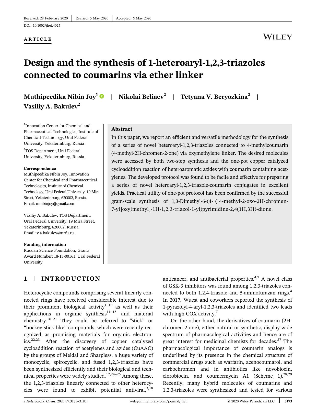 Design and the Synthesis of 1-Heteroaryl-1,2,3-triazoles Connected to Coumarins via Ether Linker by Unknown