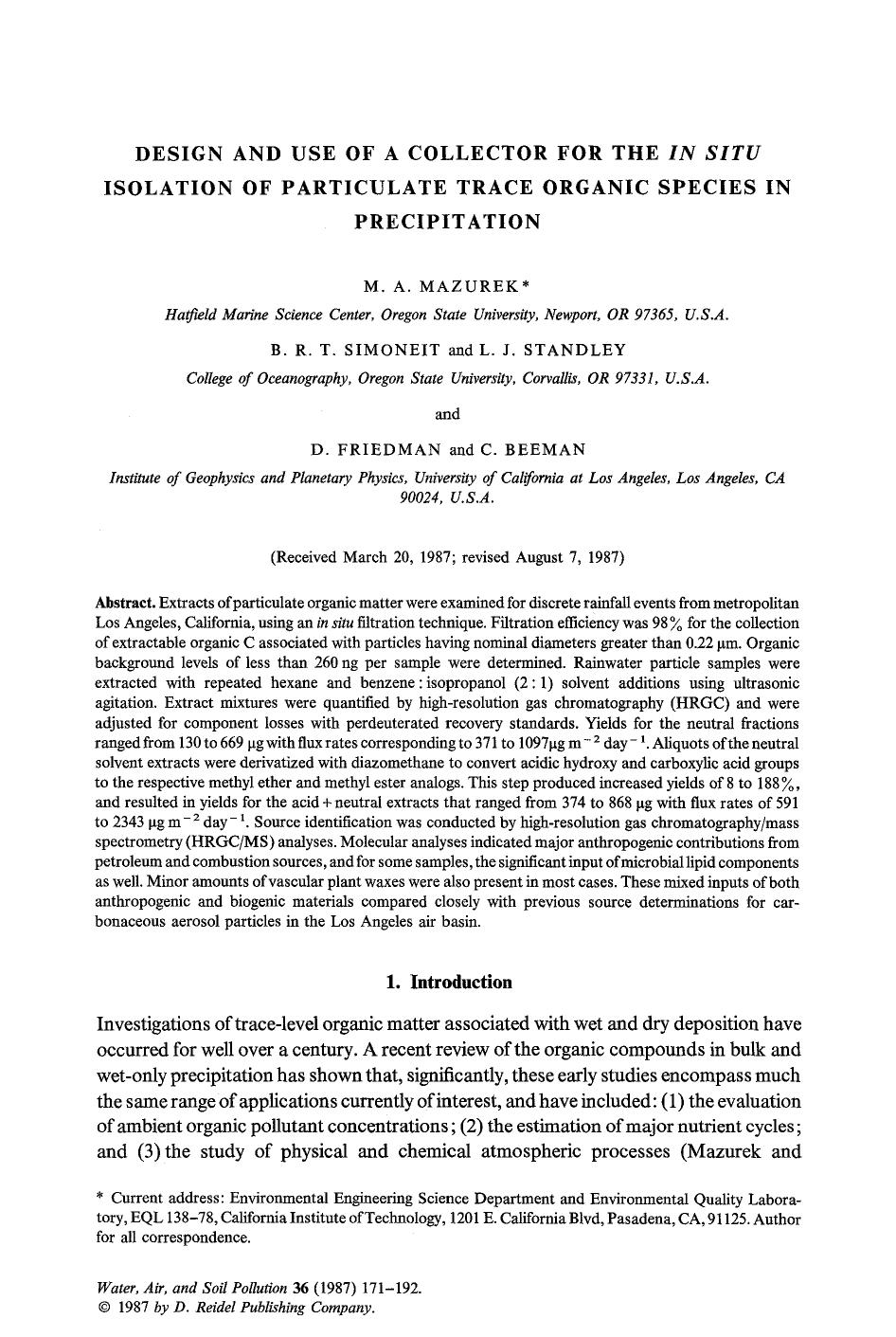 Design and use of a collector for the in situ isolation of particulate trace organic species in precipitation by Unknown