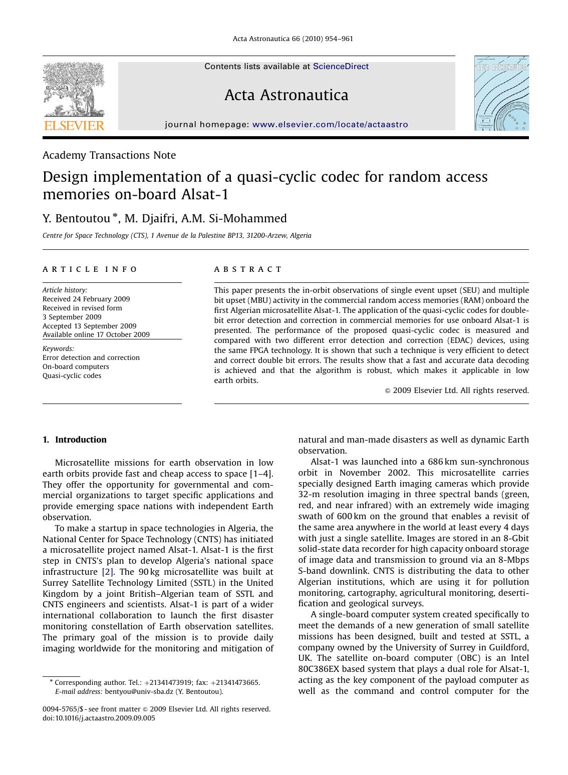 Design implementation of a quasi-cyclic codec for random access memories on-board Alsat-1 by Y. Bentoutou; M. Djaifri; A.M. Si-Mohammed