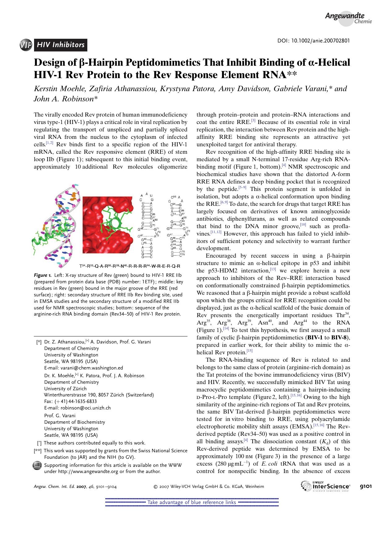 Design of [beta]-Hairpin Peptidomimetics That Inhibit Binding of [alpha]-Helical HIV-1 Rev Protein to the Rev Response Element RNA by Unknown
