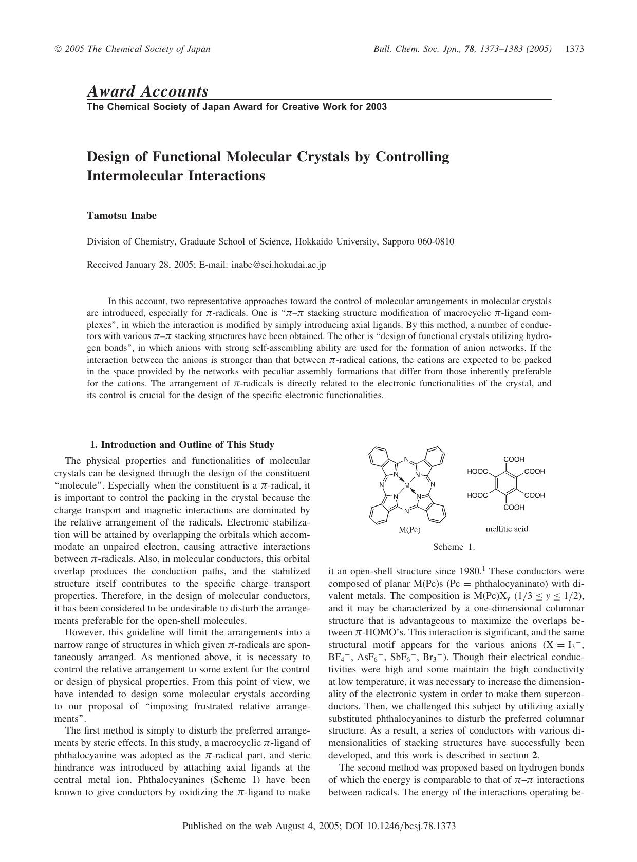 Design of Functional Molecular Crystals by Controlling Intermolecular Interactions by Tamotsu Inabe