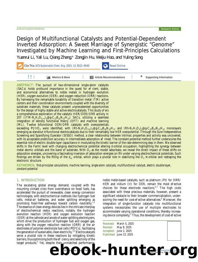 Design of Multifunctional Catalysts and Potential-Dependent Inverted Adsorption: A Sweet Marriage of Synergistic âGenomeâ Investigated by Machine Learning and First-Principles Calculations by Yuanrui Li Yali Lu Qiang Zhang Zongjin Hu Weiju Hao and Yuling Song