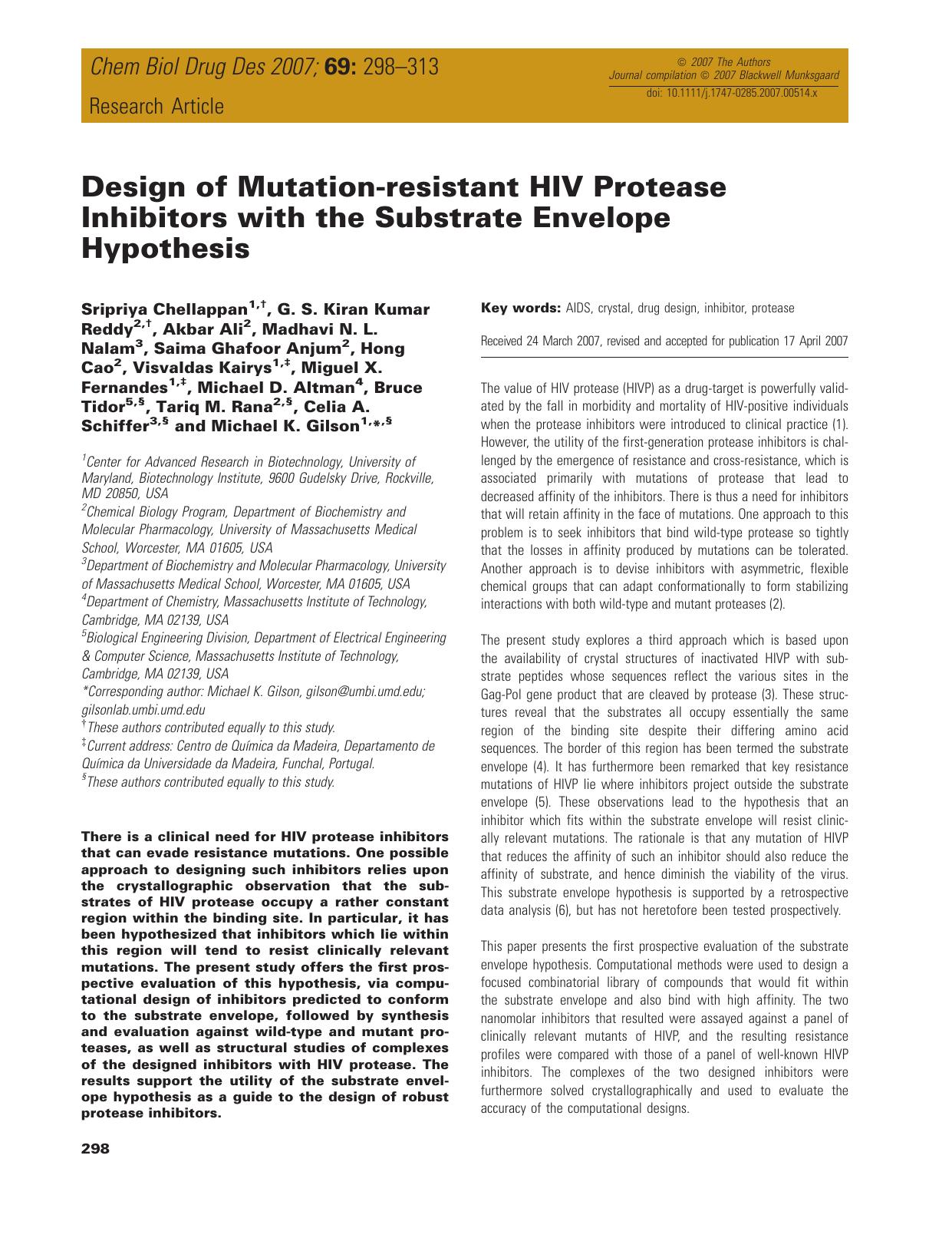 Design of Mutation-resistant HIV Protease Inhibitors with the Substrate Envelope Hypothesis by unknow