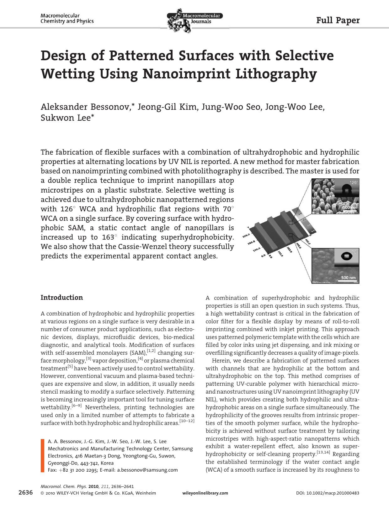 Design of Patterned Surfaces with Selective Wetting Using Nanoimprint Lithography by unknow