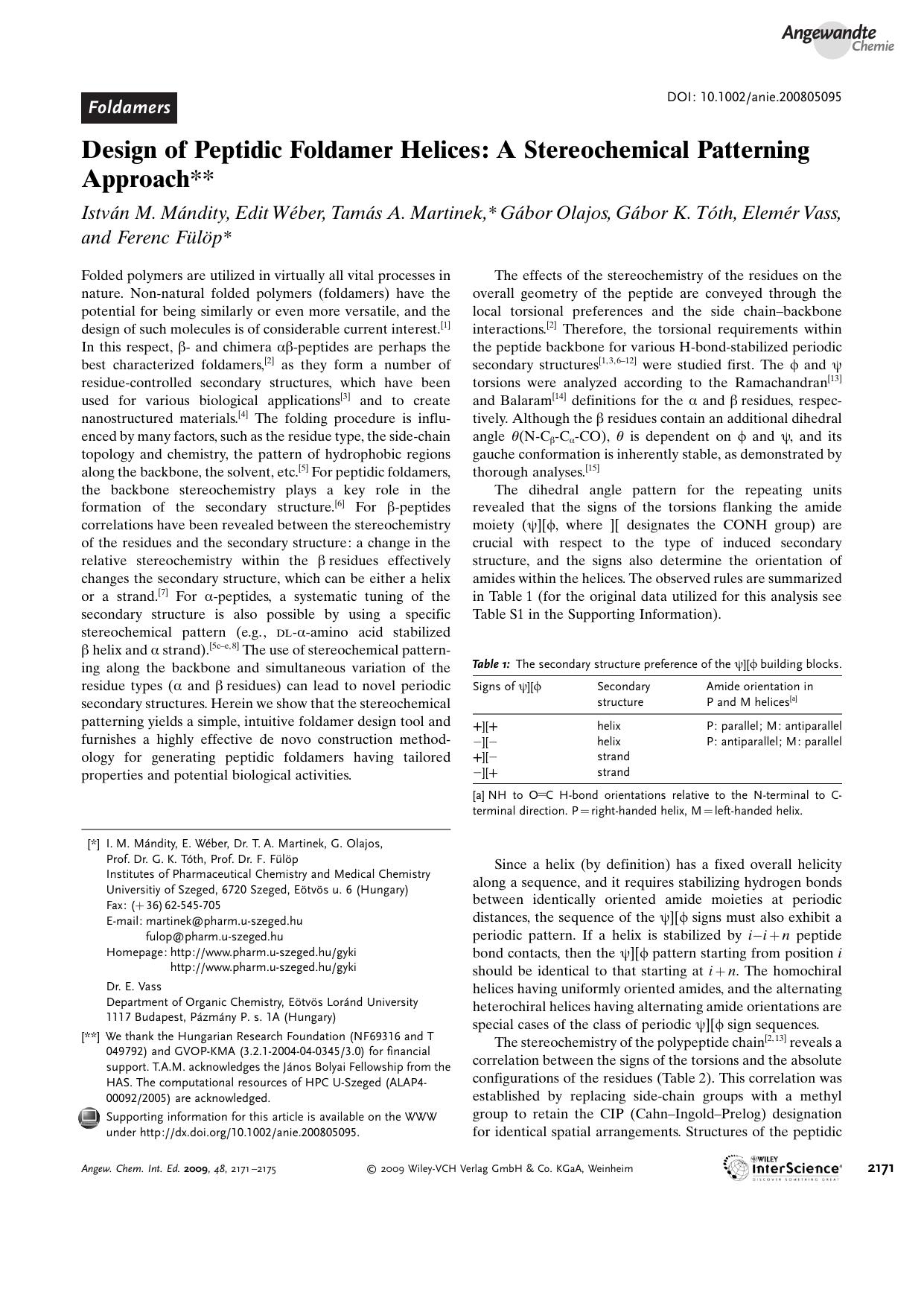 Design of Peptidic Foldamer Helices: A Stereochemical Patterning Approach by Unknown