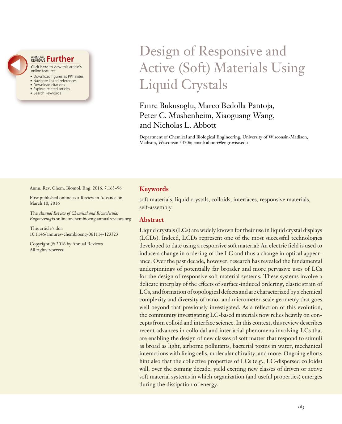 Design of Responsive and Active (Soft) Materials Using Liquid Crystals by Emre Bukusoglu Marco Bedolla Pantoja Peter C. Mushenheim Xiaoguang Wang and Nicholas L. Abbott