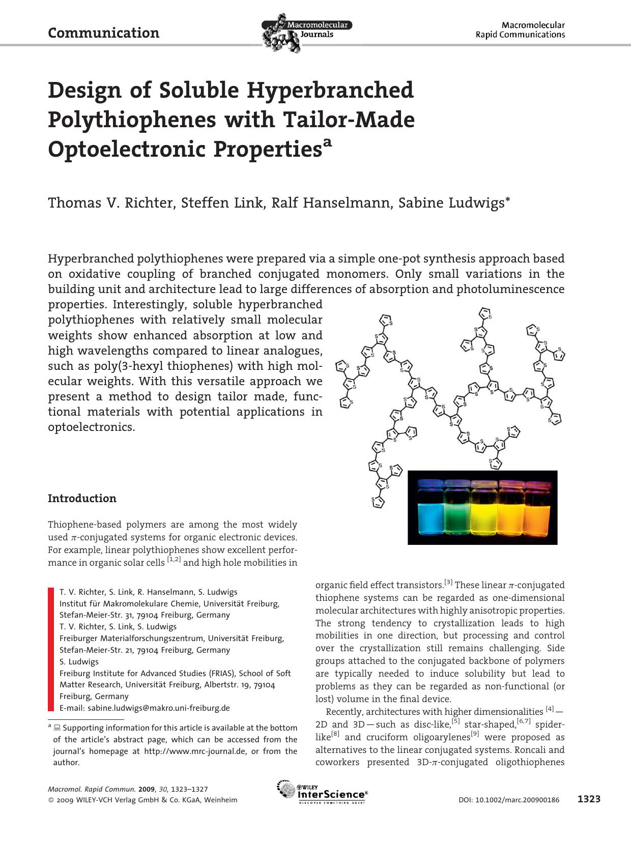 Design of Soluble Hyperbranched Polythiophenes with Tailor-Made Optoelectronic Properties by Unknown