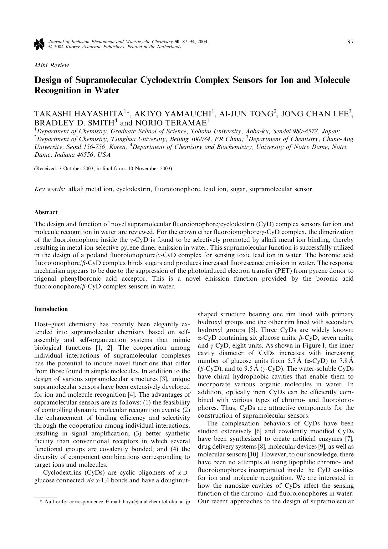 Design of Supramolecular Cyclodextrin Complex Sensors for Ion and Molecule Recognition in Water by Unknown