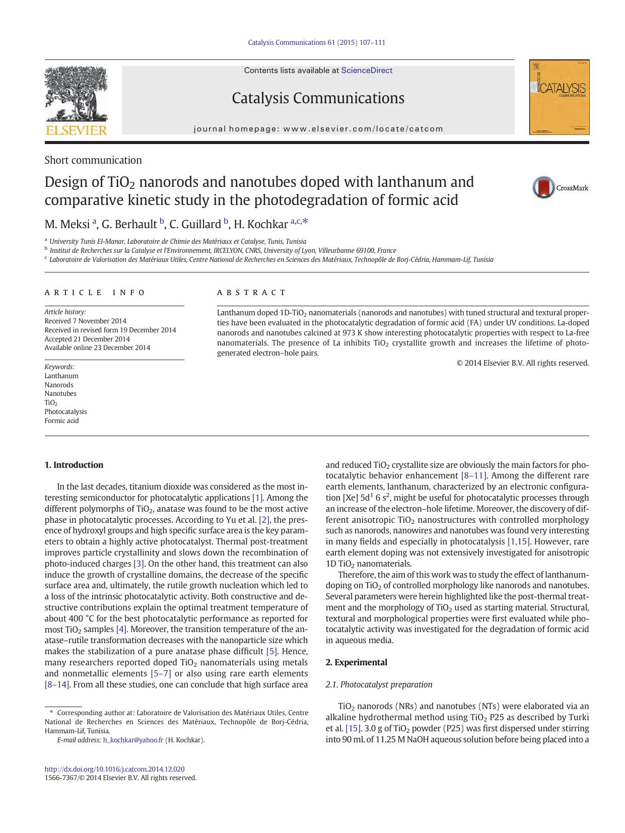 Design of TiO2 nanorods and nanotubes doped with lanthanum and comparative kinetic study in the photodegradation of formic acid by M. Meksi & G. Berhault & C. Guillard & H. Kochkar