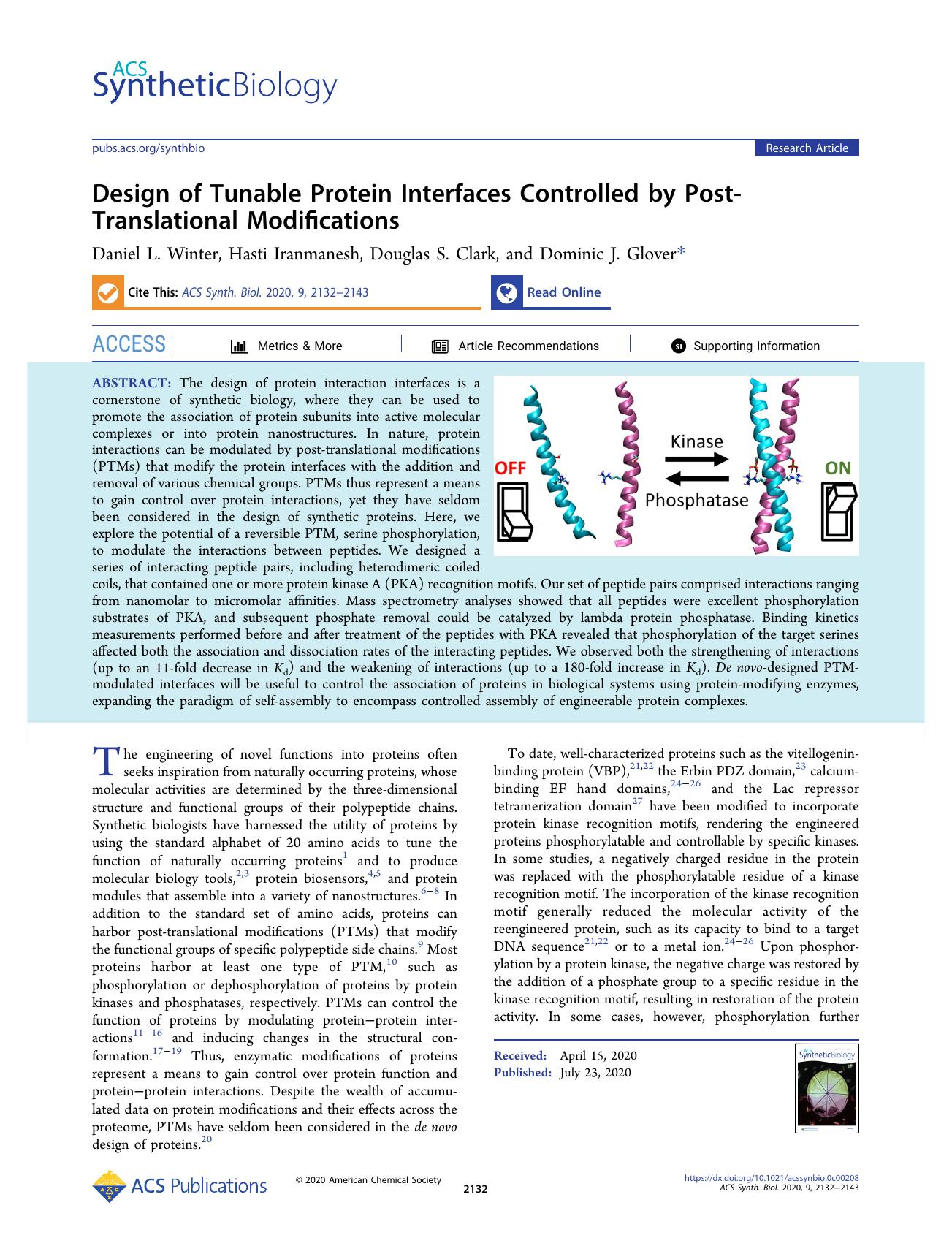 Design of Tunable Protein Interfaces Controlled by Post-Translational Modifications by Daniel L. Winter Hasti Iranmanesh Douglas S. Clark and Dominic J. Glover