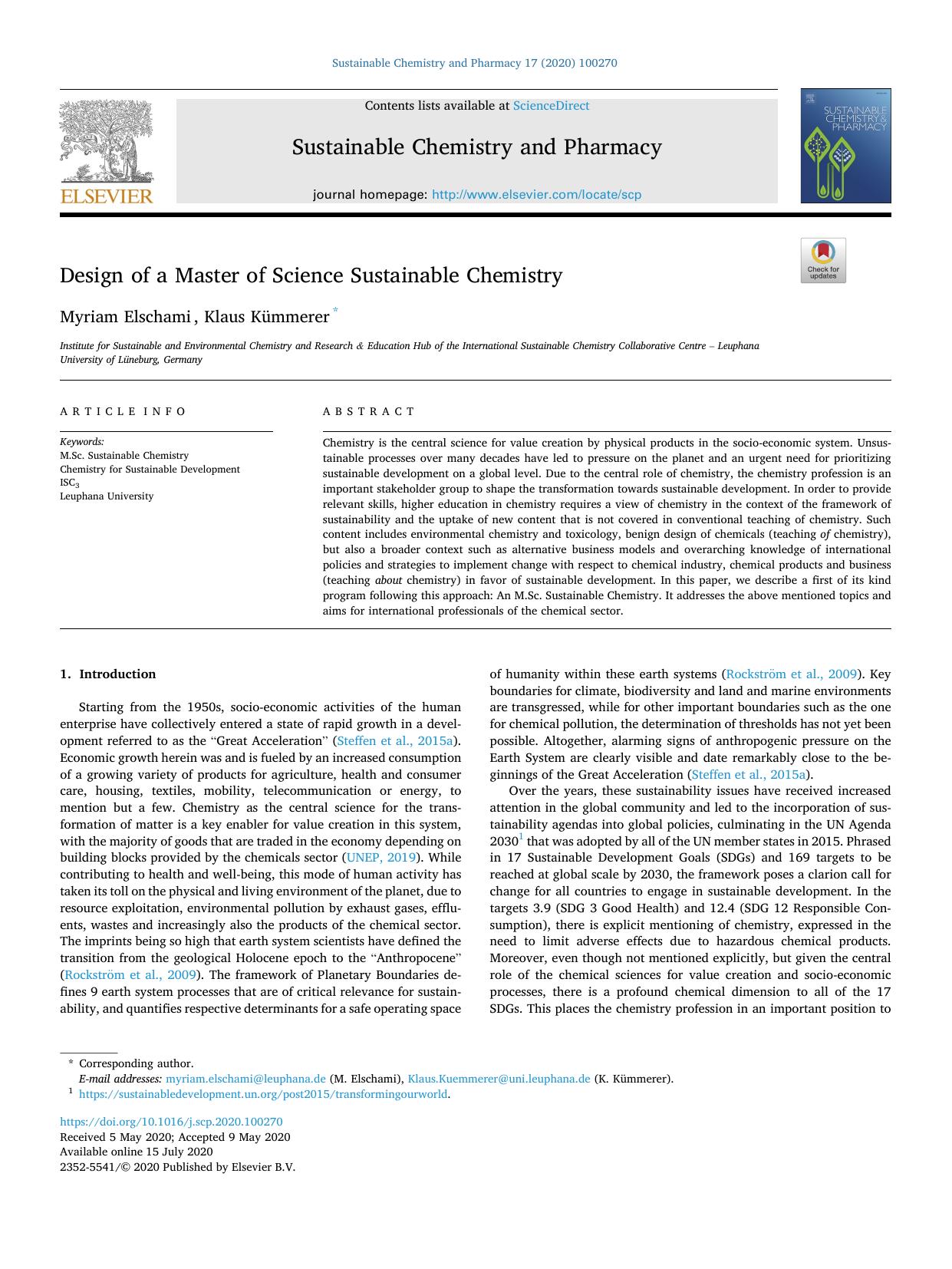 Design of a Master of Science Sustainable Chemistry by Myriam Elschami & Klaus Kümmerer