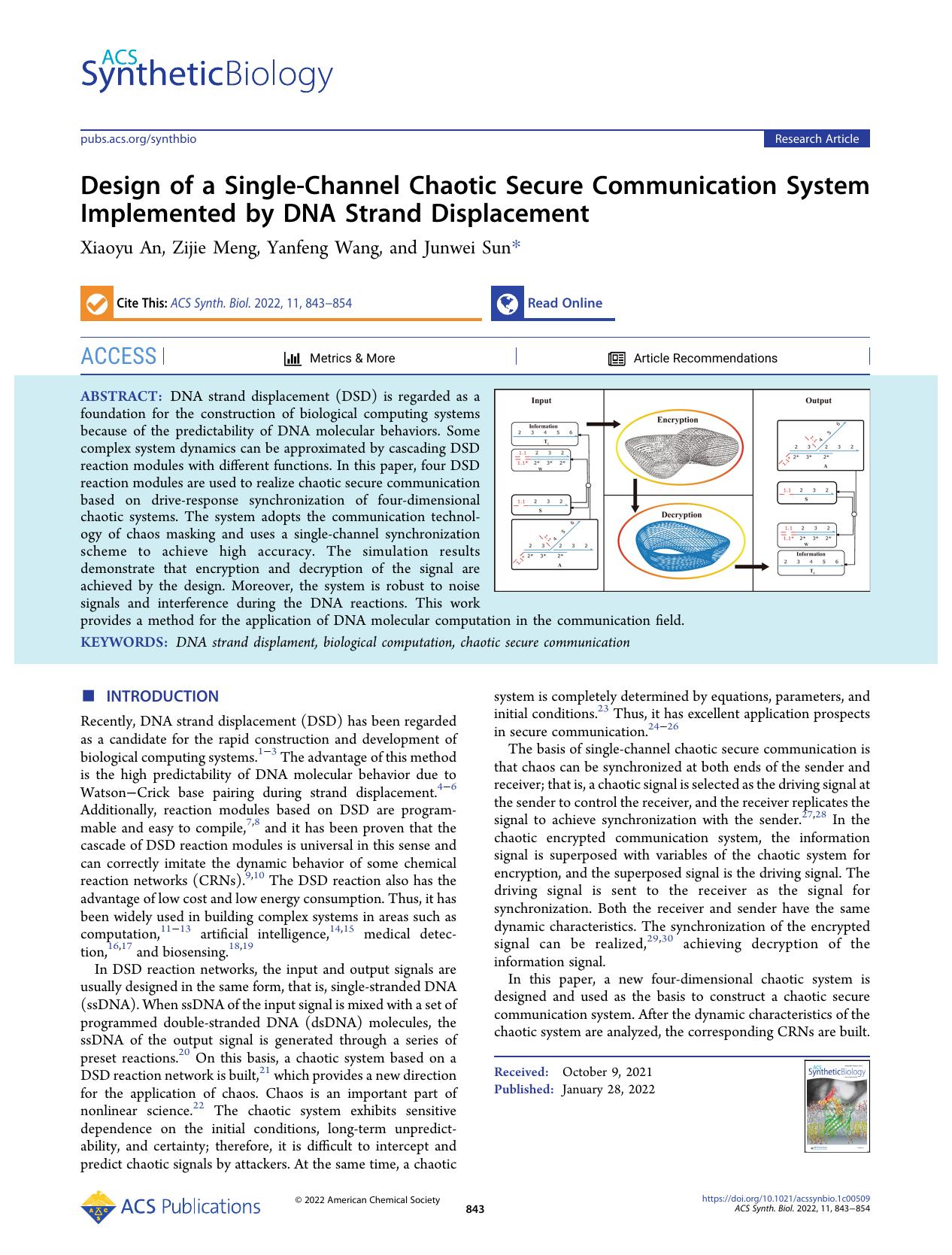 Design of a Single-Channel Chaotic Secure Communication System Implemented by DNA Strand Displacement by Xiaoyu An Zijie Meng Yanfeng Wang and Junwei Sun