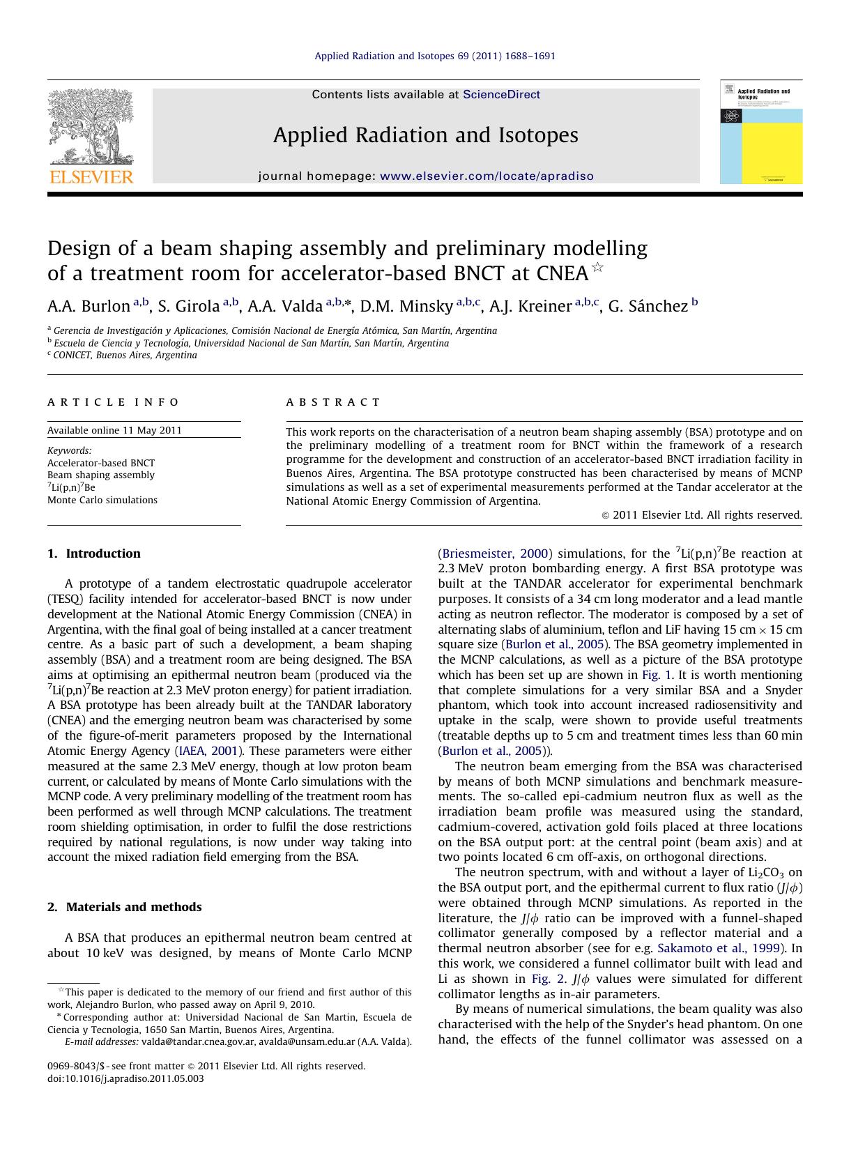 Design of a beam shaping assembly and preliminary modelling of a treatment room for accelerator-based BNCT at CNEA by A.A. Burlon & S. Girola & A.A. Valda & D.M. Minsky & A.J. Kreiner & G. Sánchez