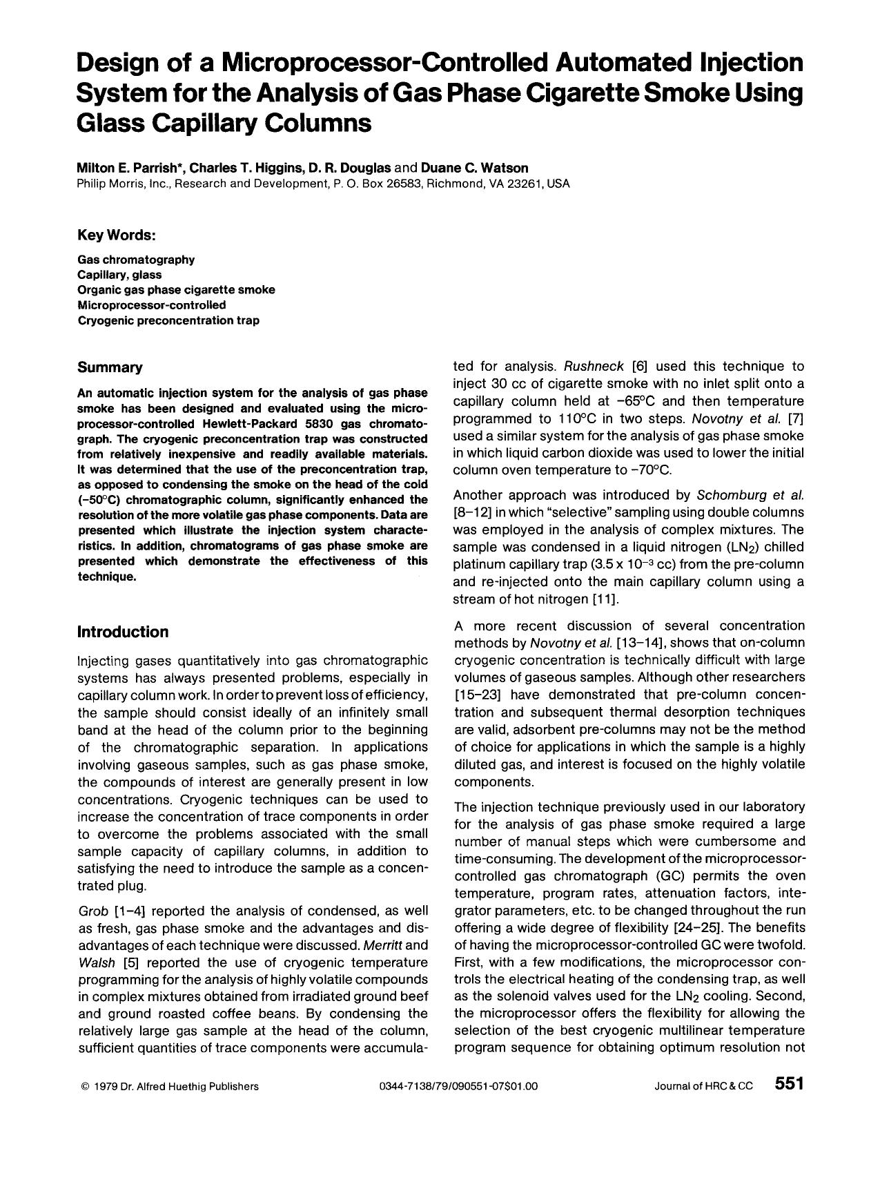 Design of a microprocessor-controlled automated injection system for the analysis of gas phase cigarette smoke using glass capillary columns by Unknown