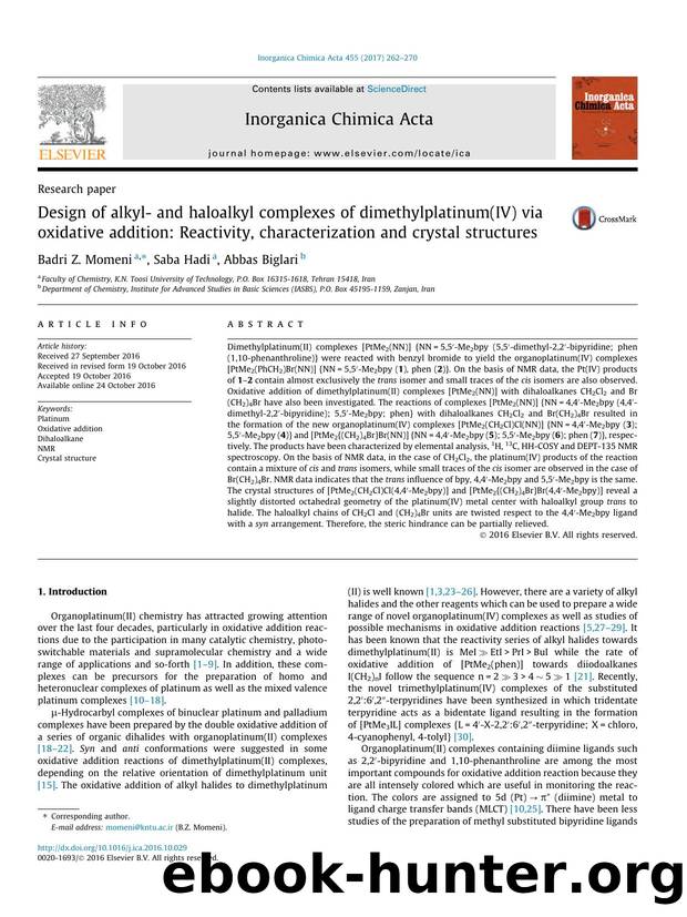 Design of alkyl- and haloalkyl complexes of dimethylplatinum(IV) via oxidative addition: Reactivity, characterization and crystal structures by Badri Z. Momeni & Saba Hadi & Abbas Biglari