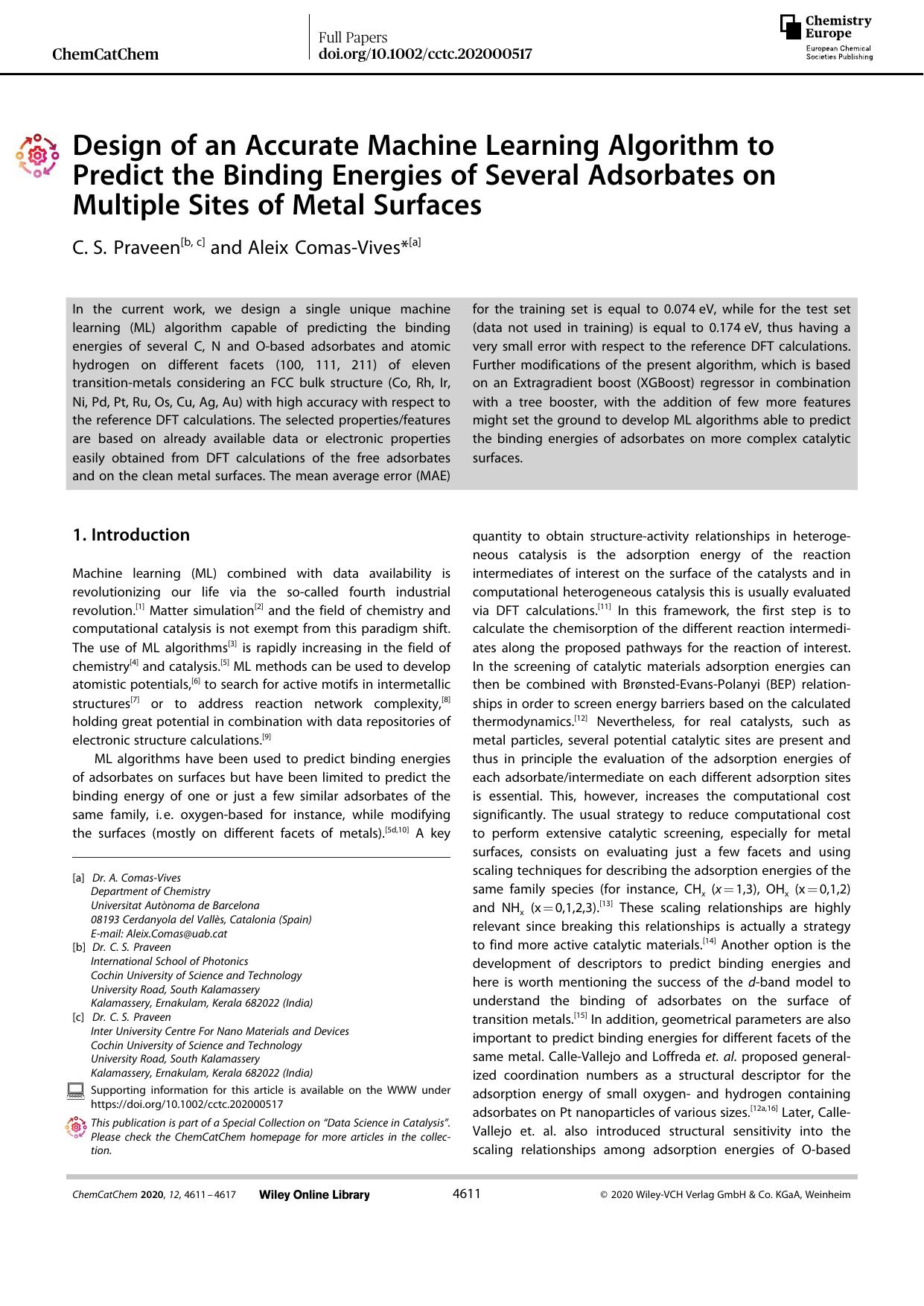 Design of an Accurate Machine Learning Algorithm to Predict the Binding Energies of Several Adsorbates on Multiple Sites of Metal Surfaces by Unknown