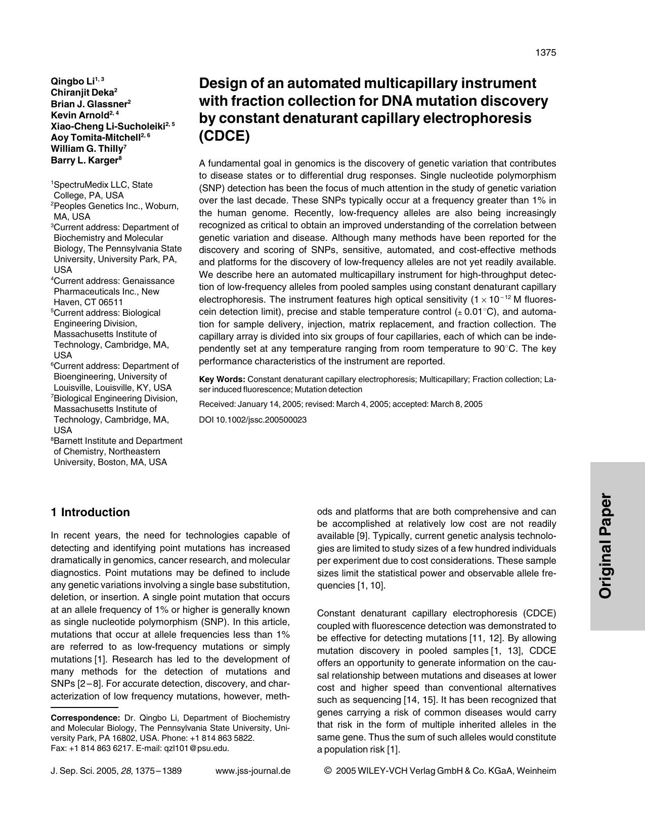 Design of an automated multicapillary instrument with fraction collection for DNA mutation discovery by constant denaturant capillary electrophoresis (CDCE) by Unknown