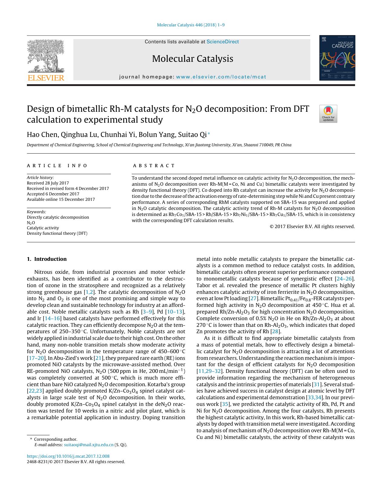 Design of bimetallic Rh-M catalysts for N2O decomposition: From DFT calculation to experimental study by Hao Chen & Qinghua Lu & Chunhai Yi & Bolun Yang & Suitao Qi