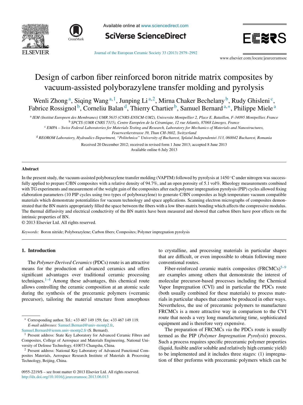 Design of carbon fiber reinforced boron nitride matrix composites by vacuum-assisted polyborazylene transfer molding and pyrolysis by Wenli Zhong