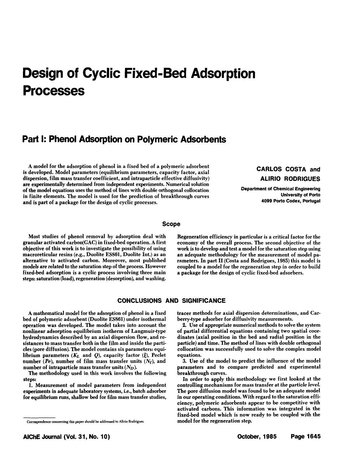 Design of cyclic fixed-bed adsorption processes. Part I: Phenol adsorption on polymeric adsorbents by Unknown