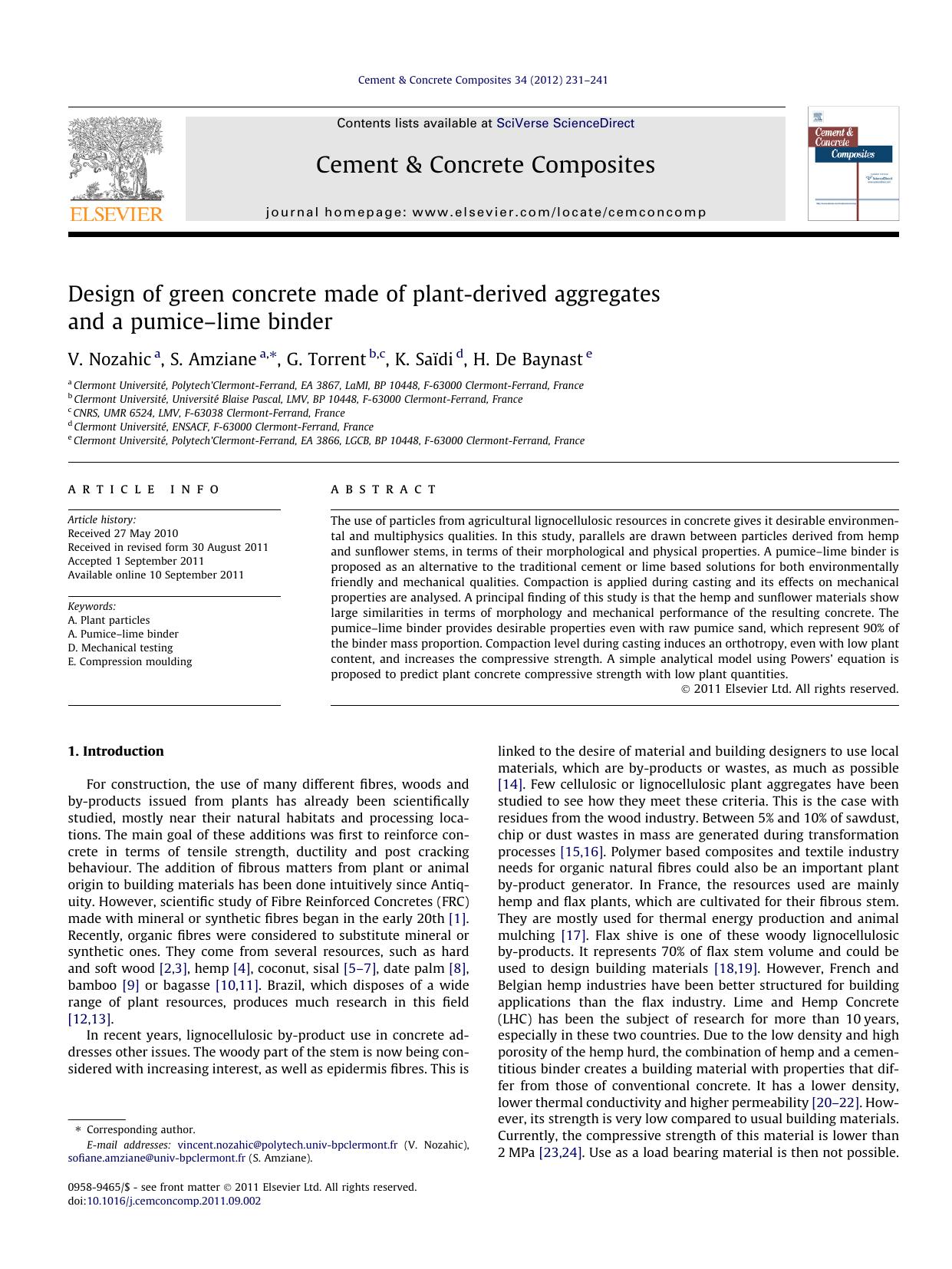 Design of green concrete made of plant-derived aggregates and a pumiceÃ¢â¬âlime binder by V. Nozahic & S. Amziane & G. Torrent & K. Saïdi & H. De Baynast
