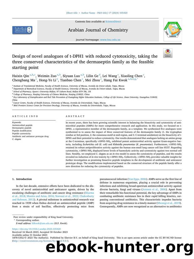 Design of novel analogues of t-DPH1 with reduced cytotoxicity, taking the three conserved characteristics of the dermaseptin family as the feasible starting point by unknow