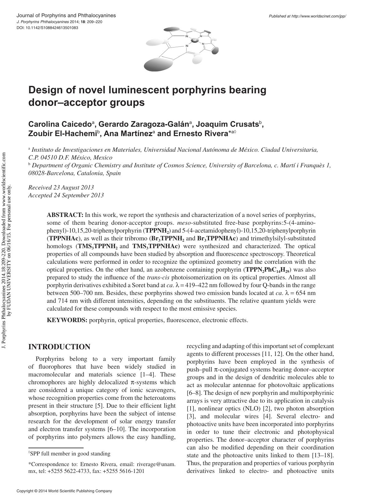 Design of novel luminescent porphyrins bearing donorâacceptor groups by unknow