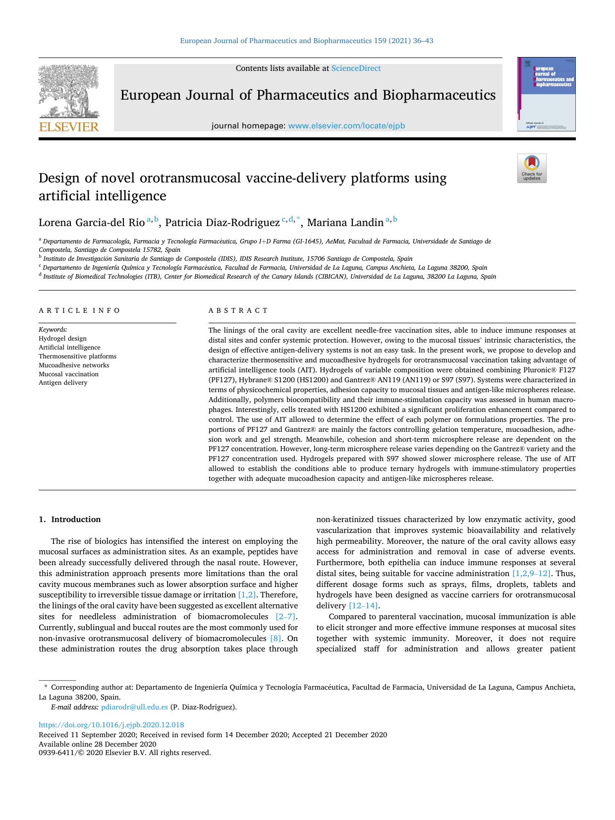 Design of novel orotransmucosal vaccine-delivery platforms using artificial intelligence by Lorena Garcia-del Rio & Patricia Diaz-Rodriguez & Mariana Landin