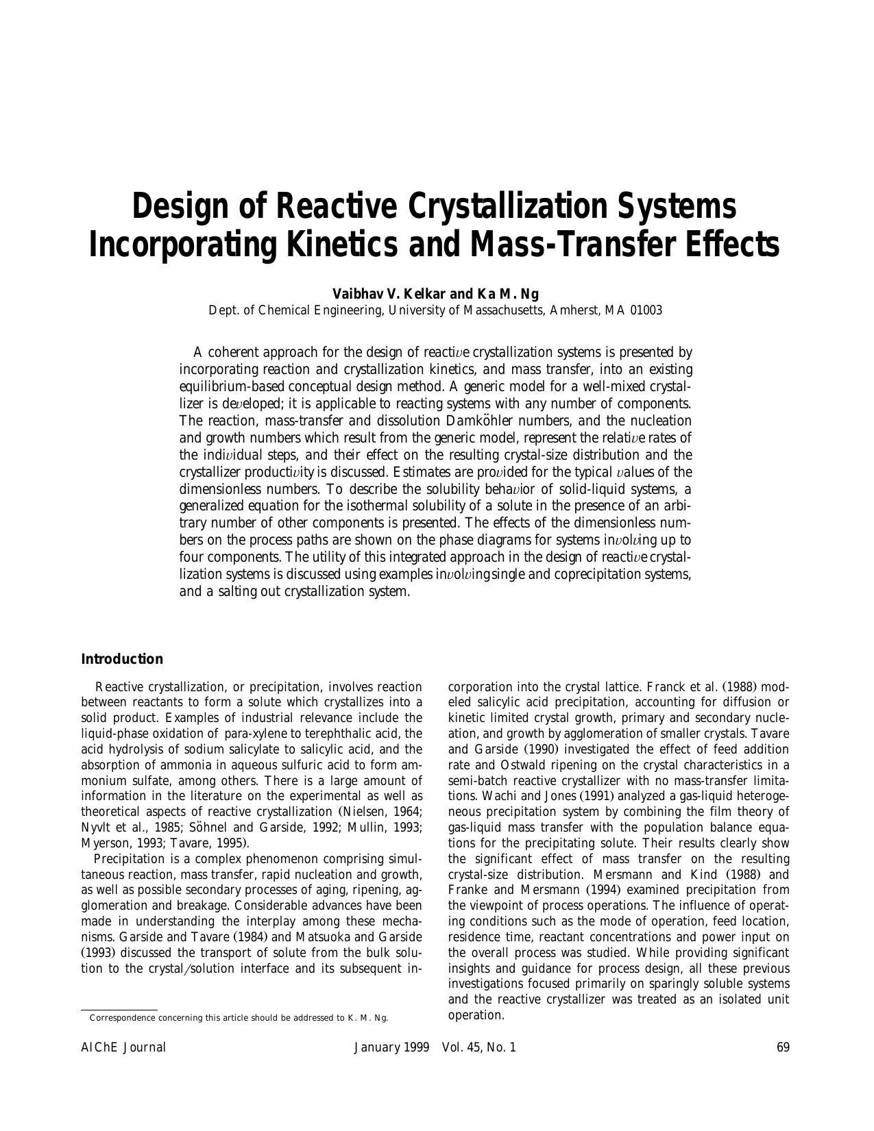 Design of reactive crystallization systems incorporating kinetics and mass-transfer effects by ?