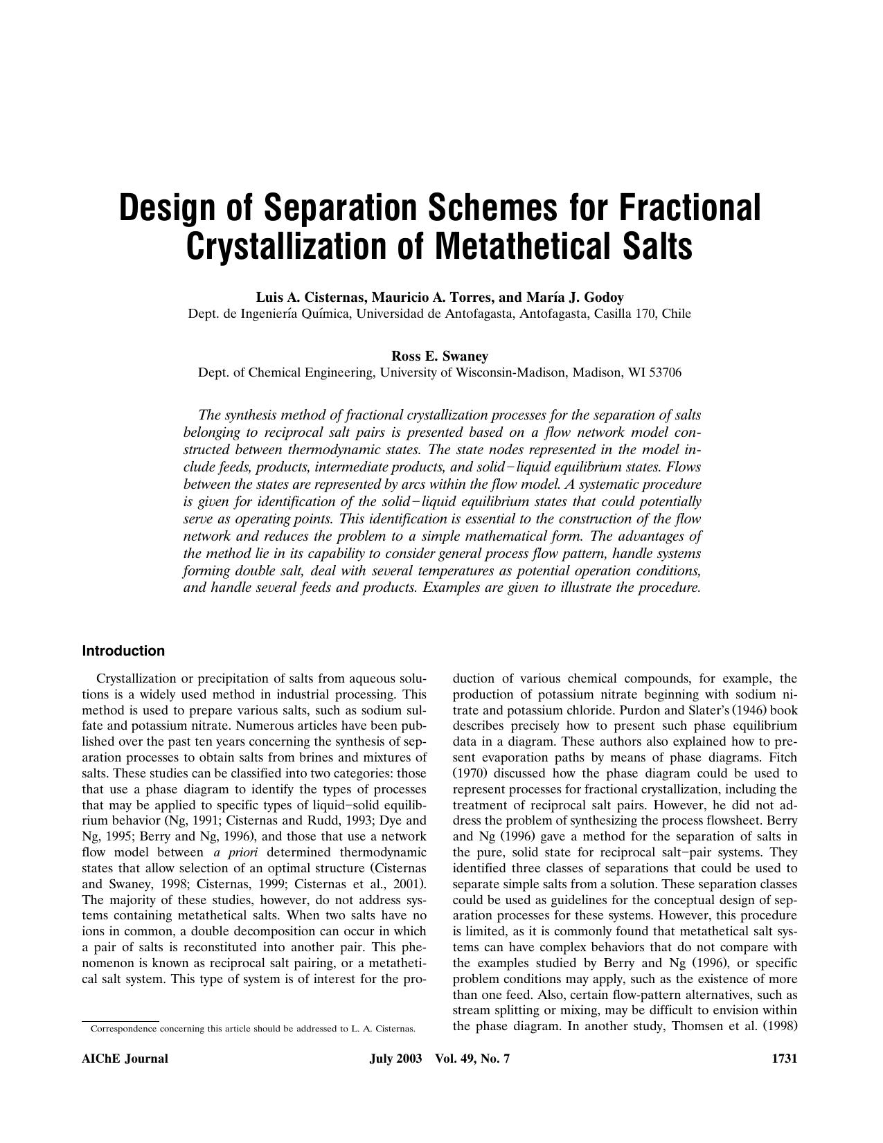 Design of separation schemes for fractional crystallization of metathetical salts by ?