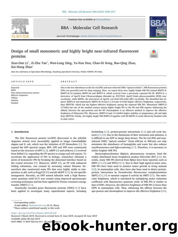 Design of small monomeric and highly bright near-infrared fluorescent proteins by Xian-Dan Li & Zi-Zhu Tan & Wen-Long Ding & Ya-Nan Hou & Chao-Di Kong & Bao-Qing Zhao & Kai-Hong Zhao