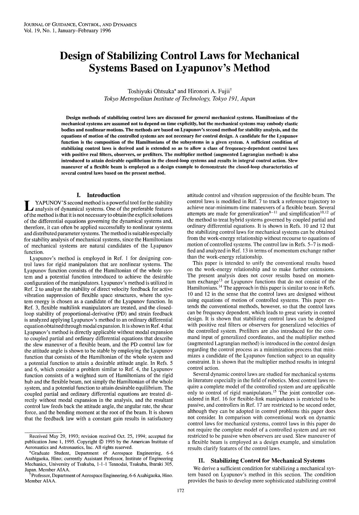 Design of stabilizing control laws for mechanical systems based on Lyapunov's method by Unknown