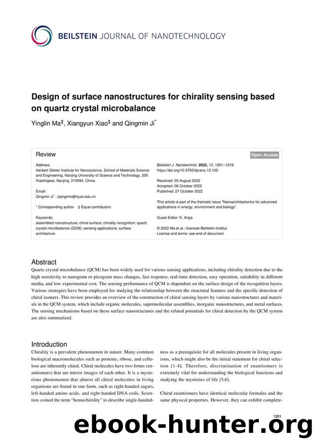 Design of surface nanostructures for chirality sensing based on quartz crystal microbalance by Yinglin Ma Xiangyun Xiao Qingmin Ji