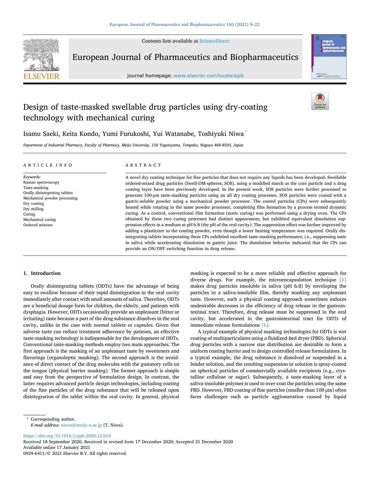 Design of taste-masked swellable drug particles using dry-coating technology with mechanical curing by Isamu Saeki & Keita Kondo & Yumi Furukoshi & Yui Watanabe & Toshiyuki Niwa