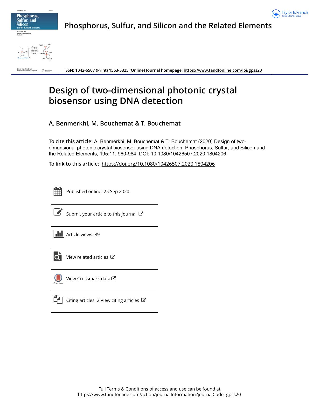 Design of two-dimensional photonic crystal biosensor using DNA detection by Benmerkhi A. & Bouchemat M. & Bouchemat T
