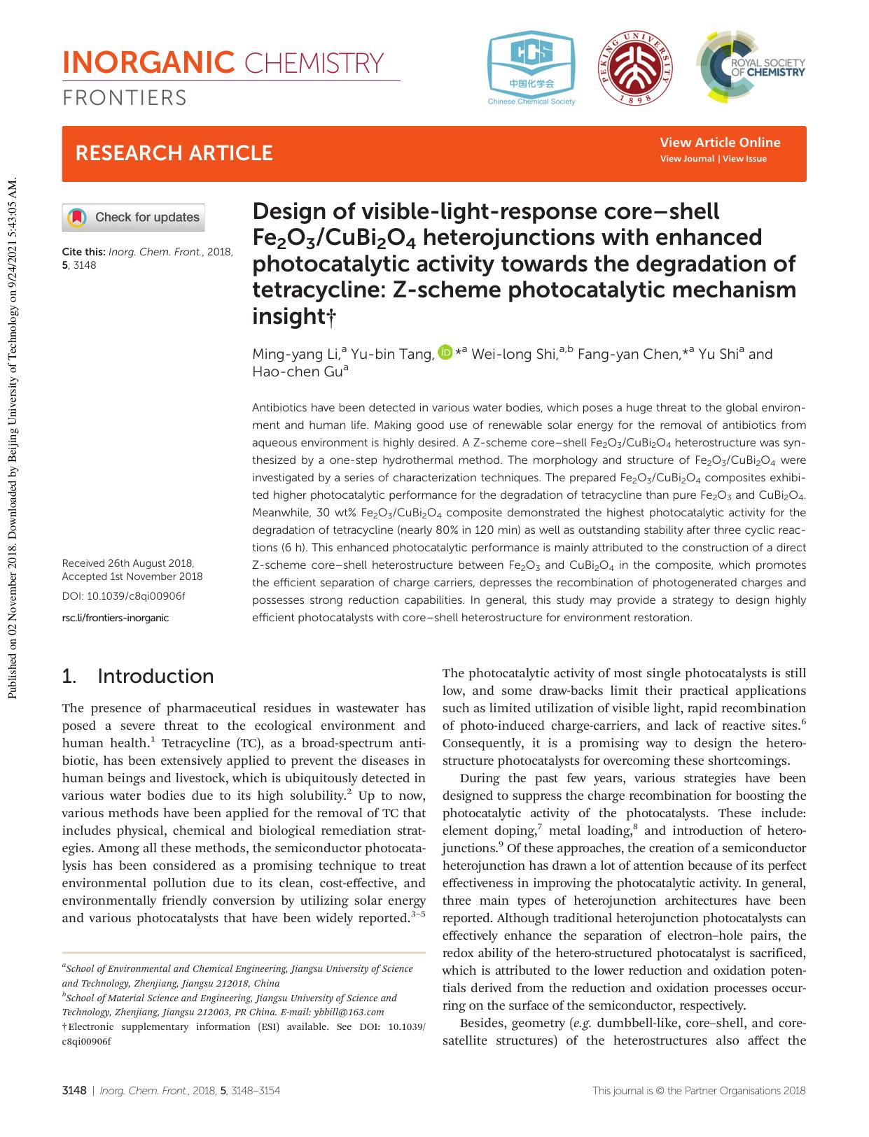 Design of visible-light-response coreâshell Fe2O3CuBi2O4 heterojunctions with enhanced photocatalytic activity towards the degradation of tetracycline: Z-scheme photocatalytic mechanism insight by Ming-yang Li Yu-bin Tang Wei-long Shi Fang-yan Chen Yu Shi Hao-chen Gu