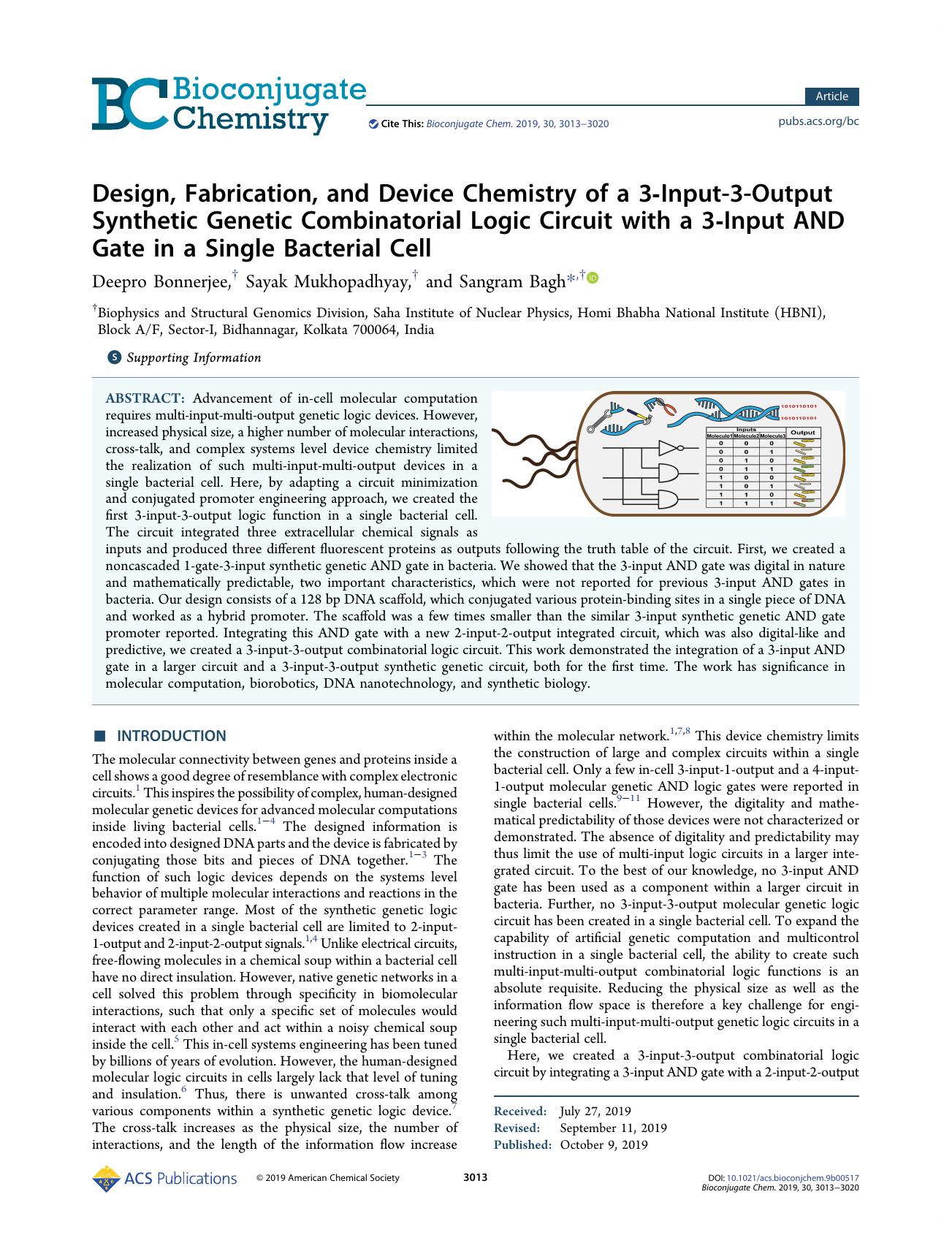Design, Fabrication, and Device Chemistry of a 3-Input-3-Output Synthetic Genetic Combinatorial Logic Circuit with a 3-Input AND Gate in a Single Bacterial Cell by Deepro Bonnerjee; Sayak Mukhopadhyay; Sangram Bagh & Sayak Mukhopadhyay & Sangram Bagh