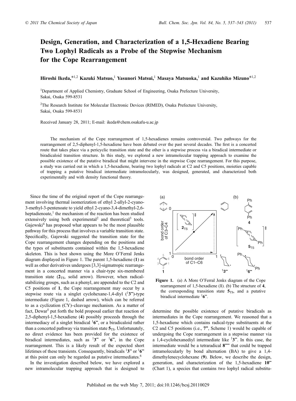 Design, Generation, and Characterization of a 1,5-Hexadiene Bearing Two Lophyl Radicals as a Probe of the Stepwise Mechanism for the Cope Rearrangement by （社）日本化学会　The Chemical Society of Japan