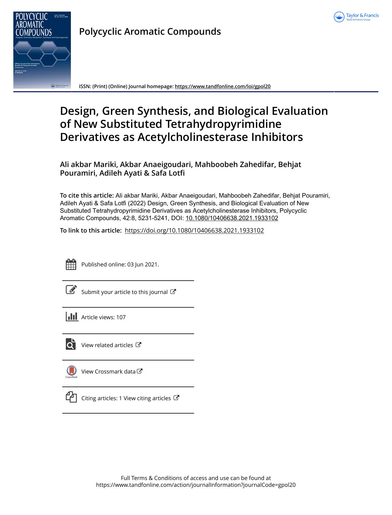 Design, Green Synthesis, and Biological Evaluation of New Substituted Tetrahydropyrimidine Derivatives as Acetylcholinesterase Inhibitors by unknow