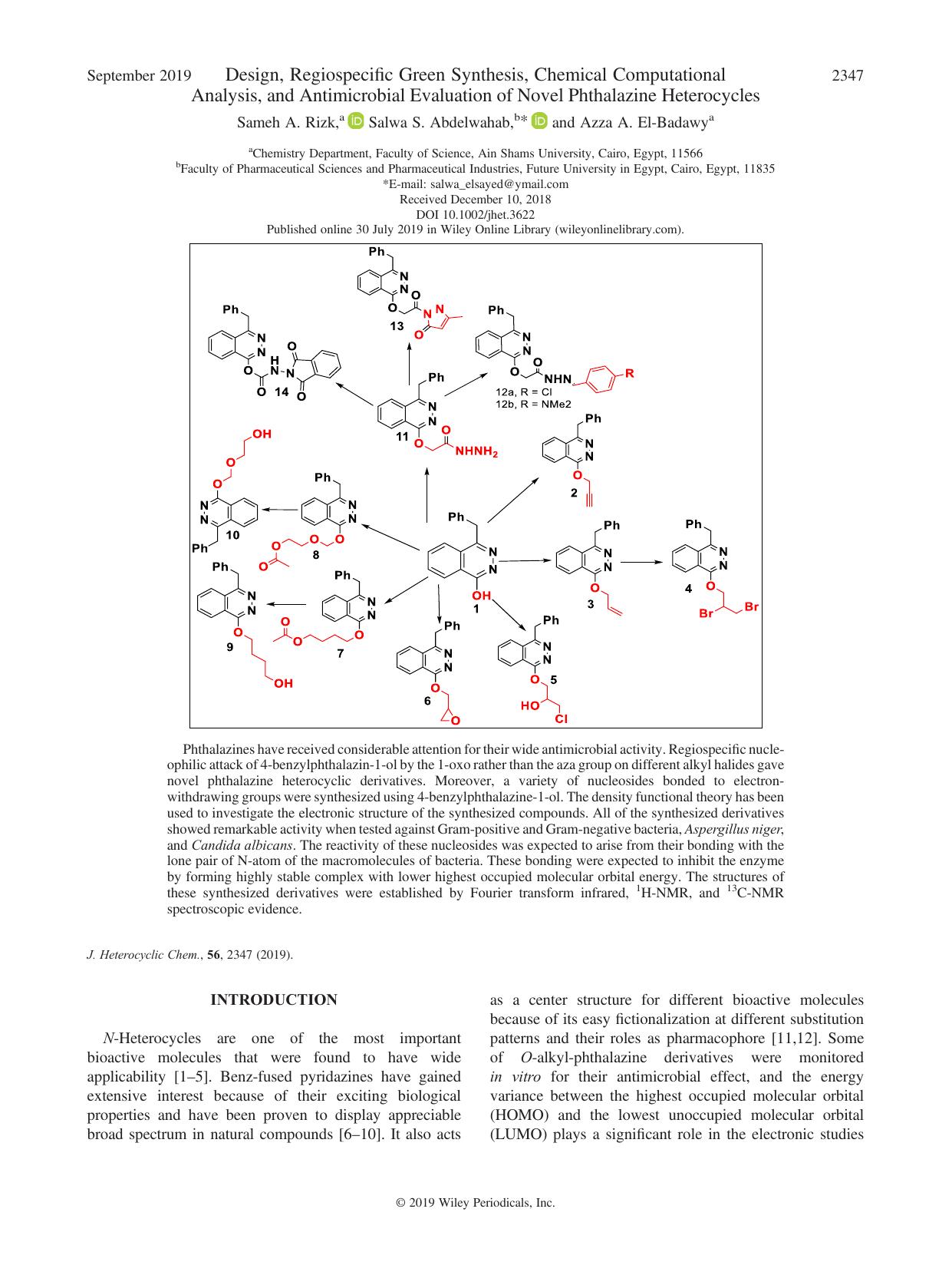 Design, Regiospecific Green Synthesis, Chemical Computational Analysis, and Antimicrobial Evaluation of Novel Phthalazine Heterocycles by Sameh A. Rizk Salwa S. Abdelwahab Azza A. El-Badawy