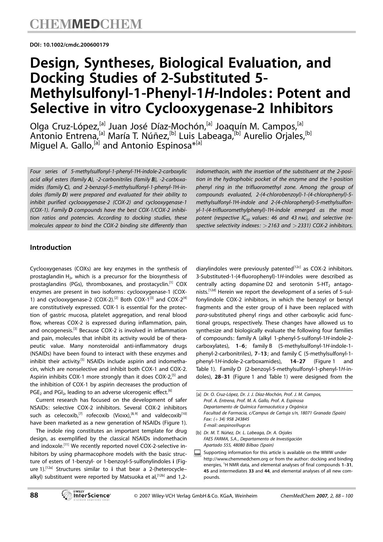 Design, Syntheses, Biological Evaluation, and Docking Studies of 2-Substituted 5-Methylsulfonyl-1-Phenyl-1H-Indoles: Potent and Selective in[emsp14]vitro Cyclooxygenase-2 Inhibitors by Unknown