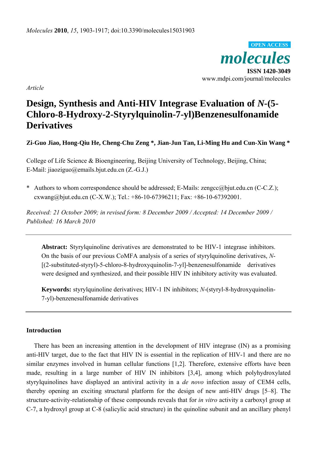 Design, Synthesis and Anti-HIV Integrase Evaluation of N-(5-Chloro-8-Hydroxy-2-Styrylquinolin-7-yl)Benzenesulfonamide Derivatives by Zi-Guo Jiao & Hong-Qiu He & Cheng-Chu Zeng & Jian-Jun Tan & Li-Ming Hu & Cun-Xin Wang
