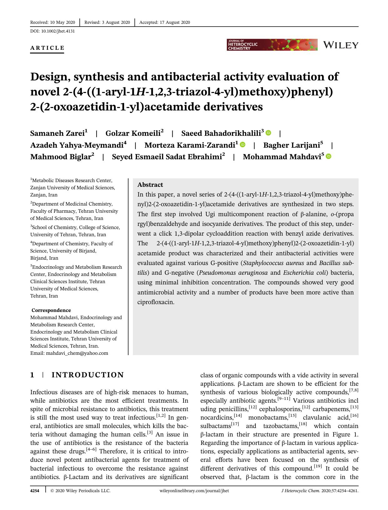 Design, Synthesis and Antibacterial Activity Evaluation of Novel 2-(4-((1-Aryl-1H-1,2,3-triazol-4-yl)methoxy)phenyl)2-(2-oxoazetidin-1-yl)acetamide Derivatives by Unknown