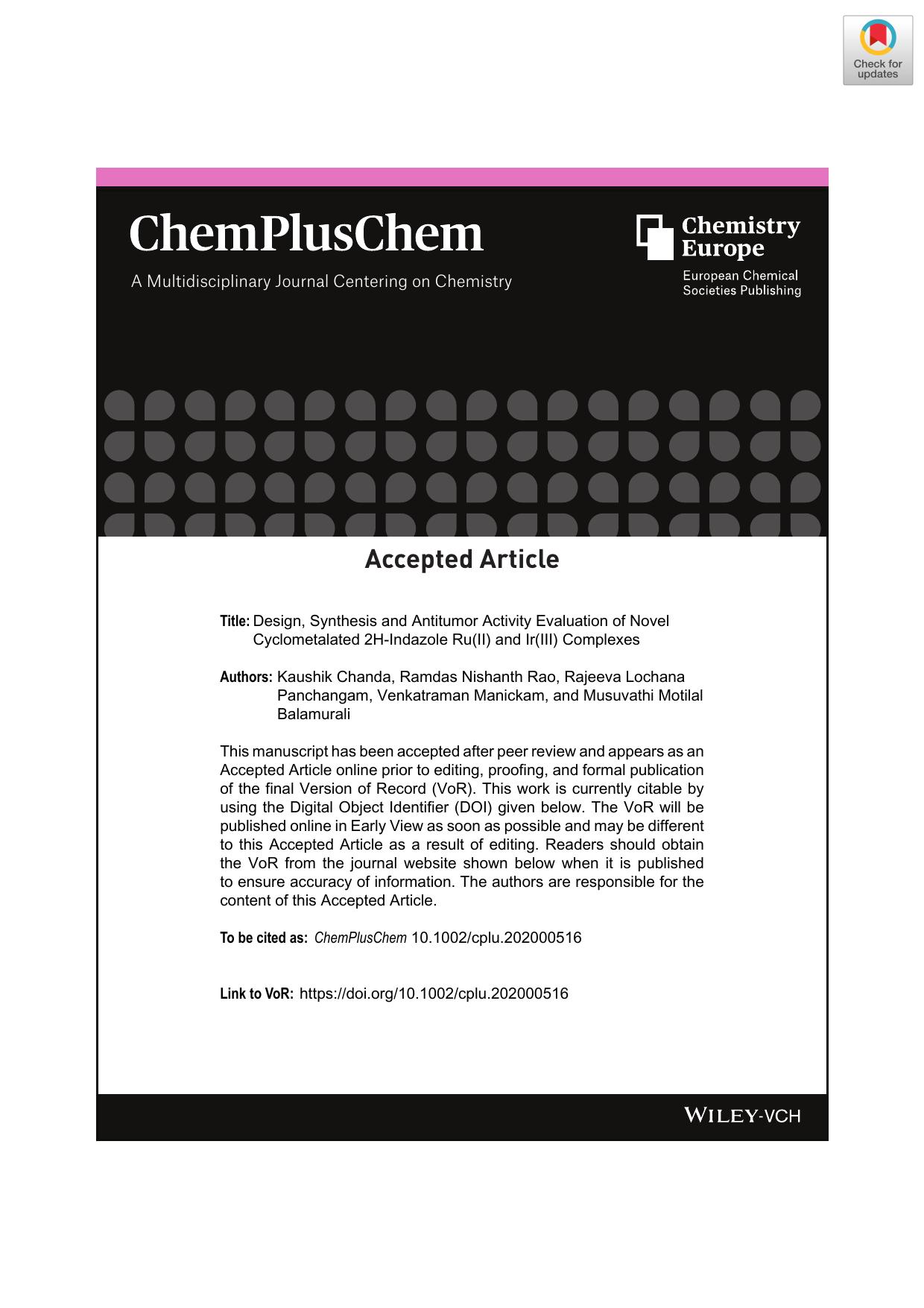 Design, Synthesis and Antitumor Activity Evaluation of Novel Cyclometalated 2HâIndazole Ru(II) and Ir(III) Complexes by Unknown