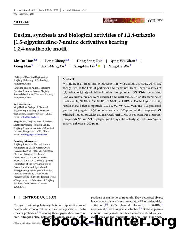 Design, Synthesis and Biological Activities of 1,2,4âTriazolo[1,5â a ]pyrimidineâ7âamine Derivatives Bearing 1,2,4âOxadiazole Motif by Unknown
