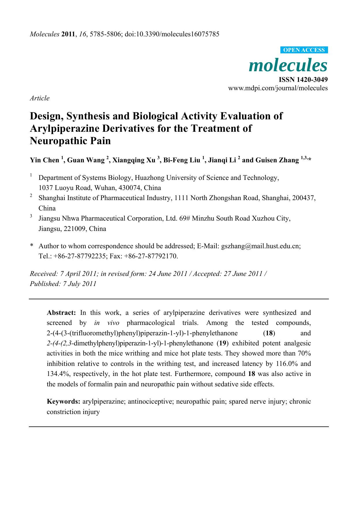 Design, Synthesis and Biological Activity Evaluation of Arylpiperazine Derivatives for the Treatment of Neuropathic Pain by Yin Chen & Guan Wang & Xiangqing Xu & Bi-Feng Liu & Jianqi Li & Guisen Zhang