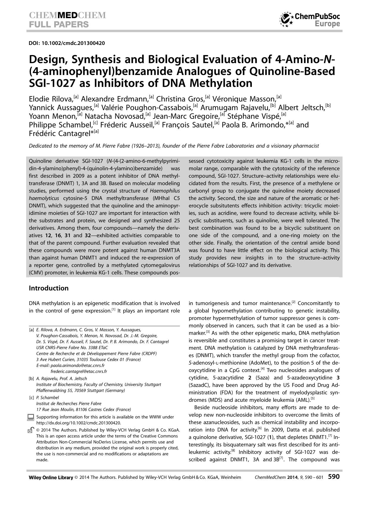Design, Synthesis and Biological Evaluation of 4AminoN(4aminophenyl)benzamide Analogues of QuinolineBased SGI1027 as Inhibitors of DNA Methylation by Unknown