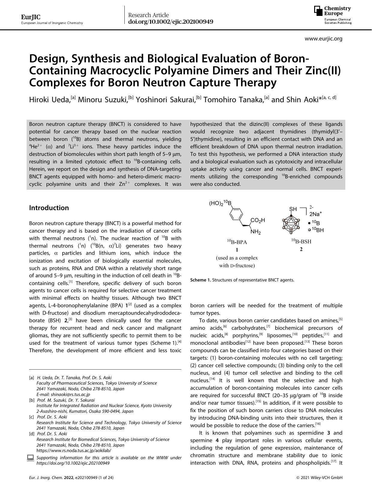 Design, Synthesis and Biological Evaluation of BoronâContaining Macrocyclic Polyamine Dimers and Their Zinc(II) Complexes for Boron Neutron Capture Therapy by Unknown